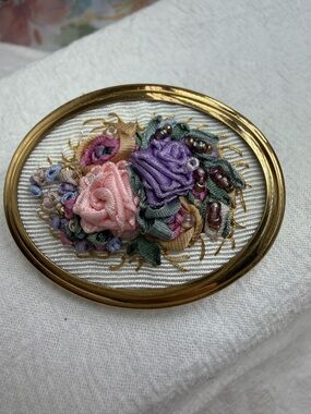 Vintage Hand-Embroidered Floral Ribbon Brooch in Pink & Purple